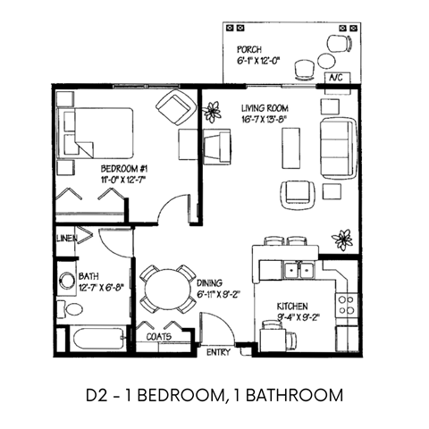 Floor plan for 1 bed, 1 bath, 735 sqft